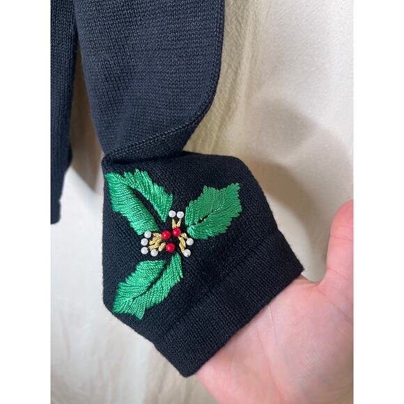 1990s BP Design Holly Gold Green Red Christmas Maximalist Bows Glam Cardigan M - Picture 3 of 8